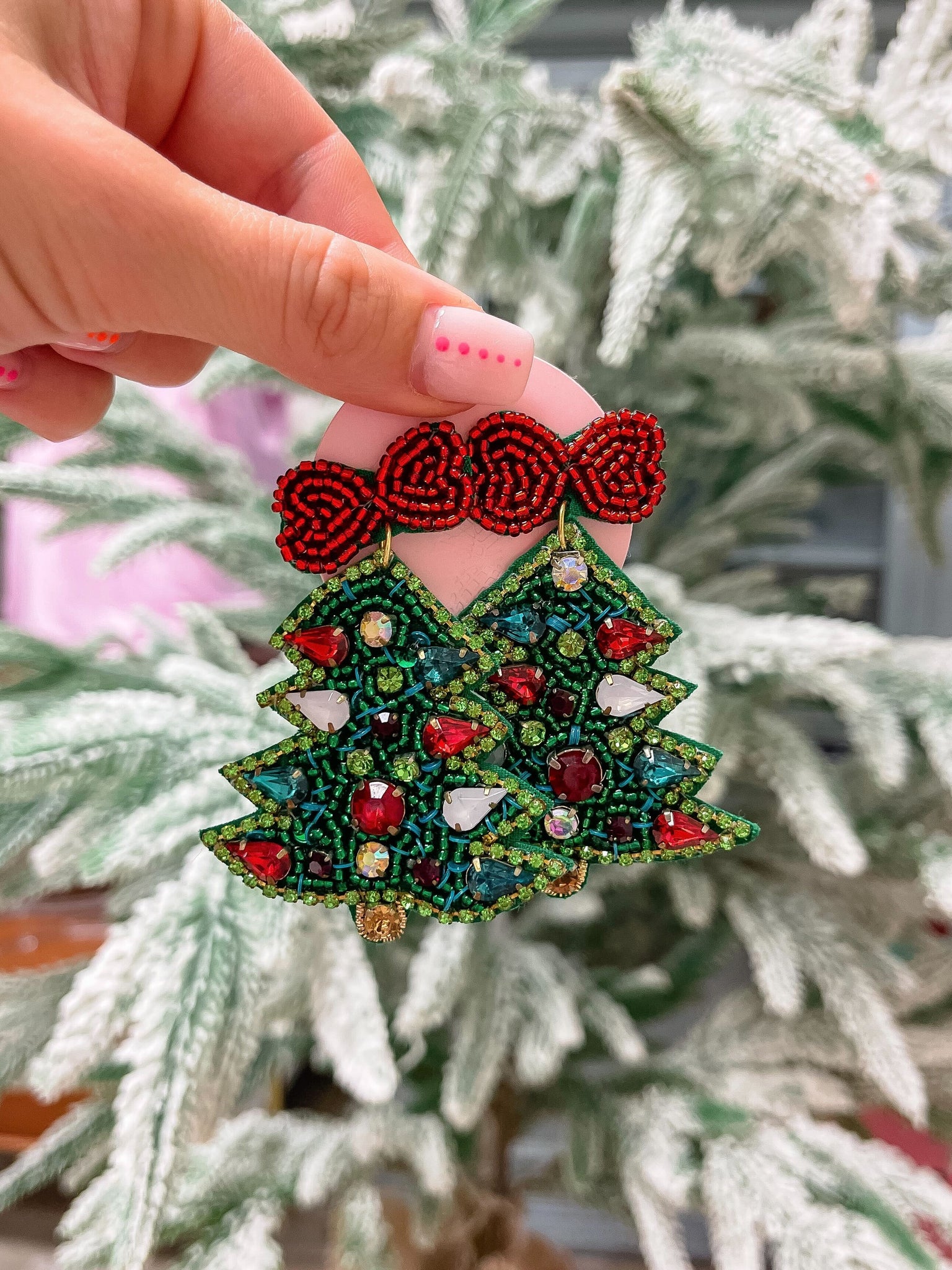 Ribbon Post Christmas Tree Dangle Earrings