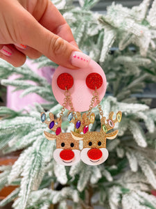 Acrylic Glitter Rudolph Dangle Earring