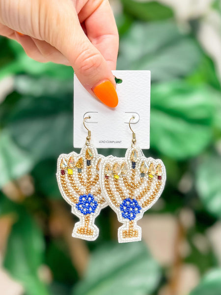 Gold Menorah Beaded Dangle Earrings