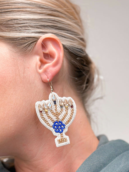 Gold Menorah Beaded Dangle Earrings