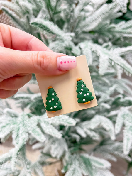 Green Christmas Tree Clay Stud Earrings