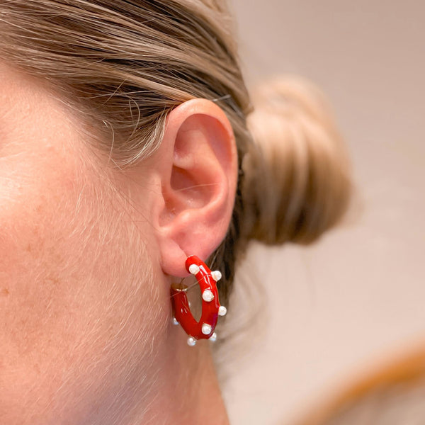 Dotted Pearl & Enamel Open Hoops
