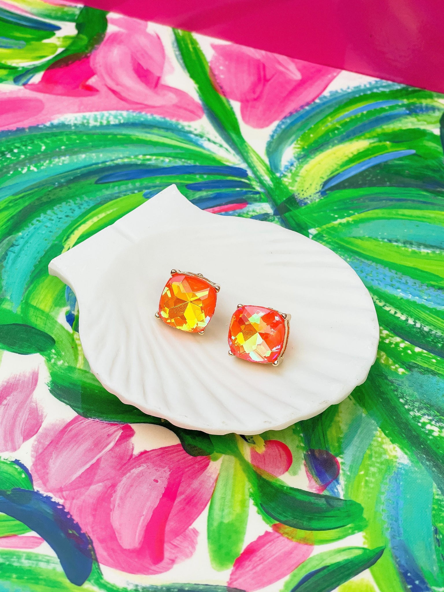 Iridescent Glass Crystal Stud Earrings - Orange