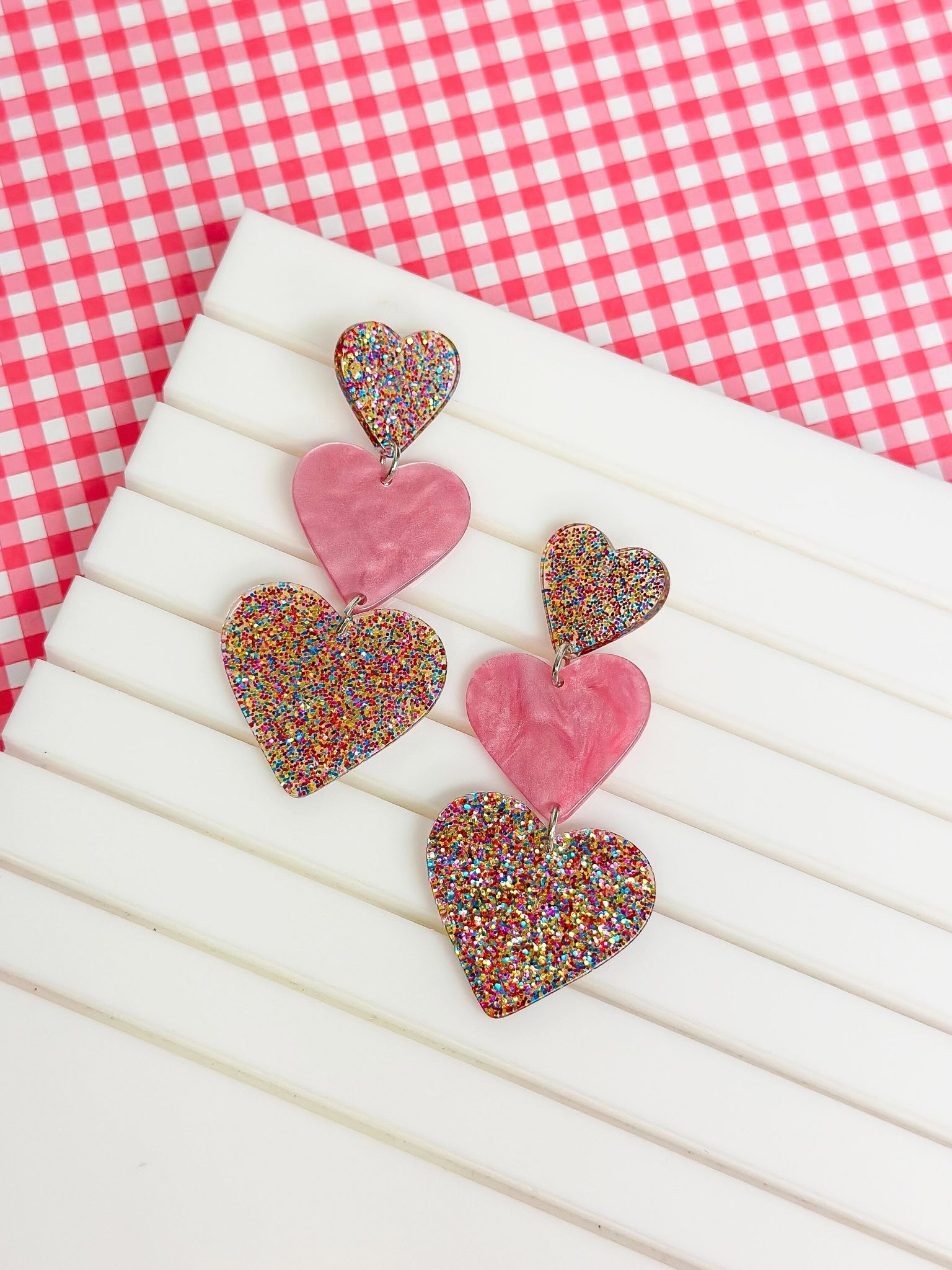 Triple Heart Glitter Dangle Earrings