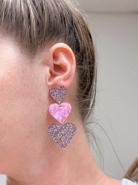 Triple Heart Glitter Dangle Earrings