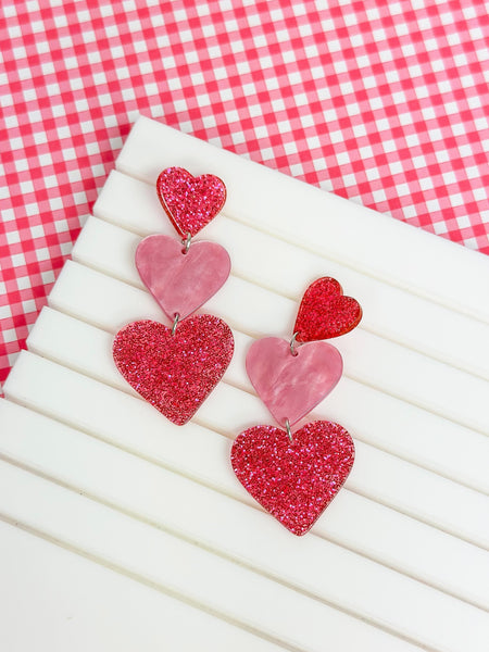 Triple Heart Glitter Dangle Earrings