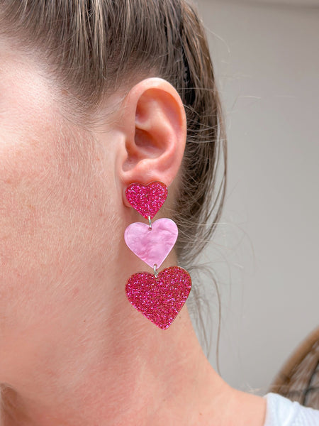 Triple Heart Glitter Dangle Earrings