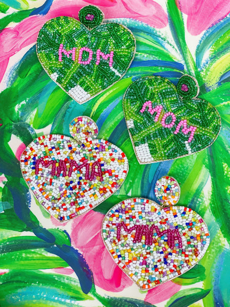 'Mom' Preppy Palm Seed Bead Heart Earrings