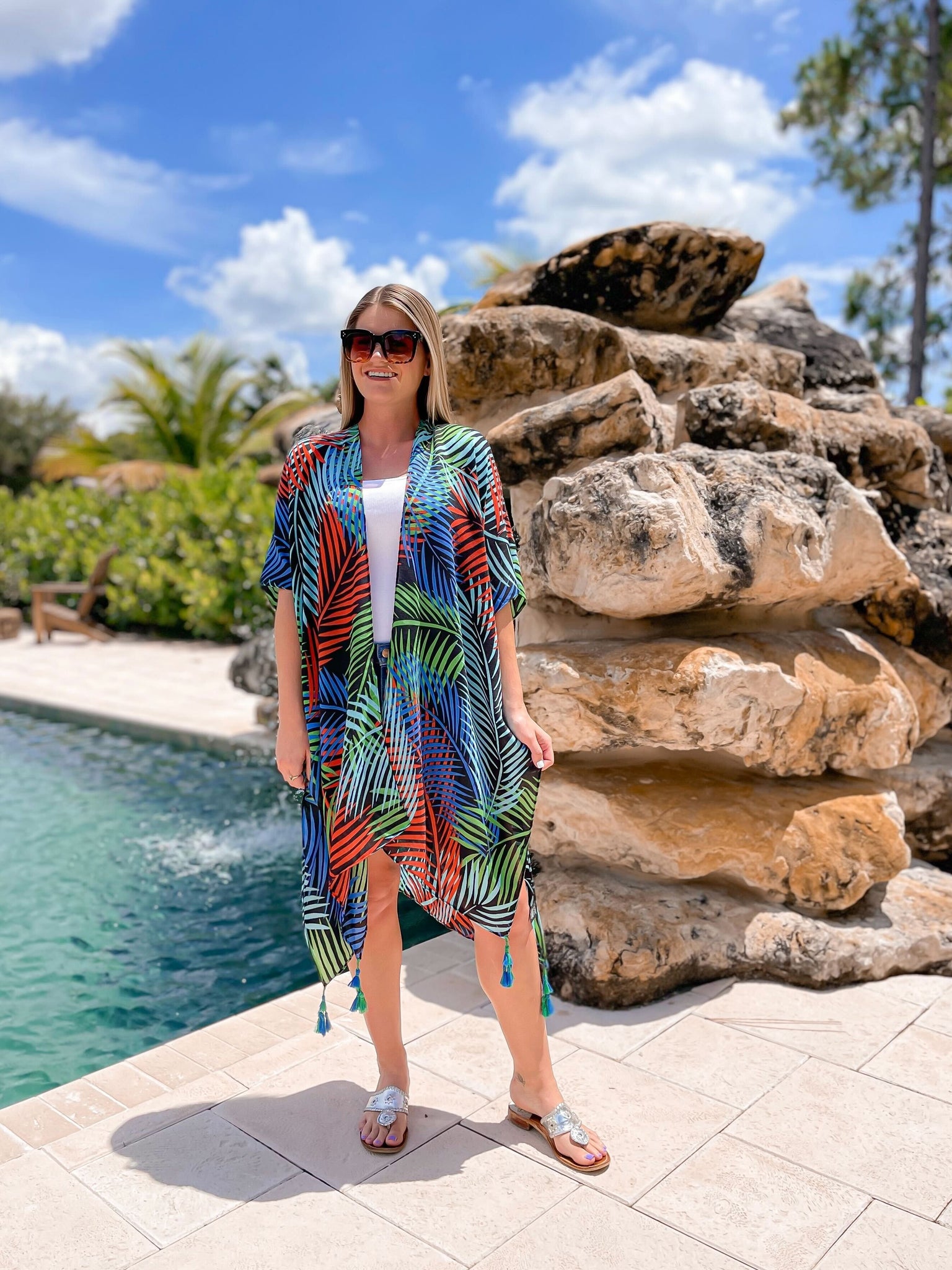 Palm Leaf Print Kimono - Black