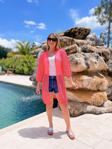 Mesh Long Cardigan - Pink
