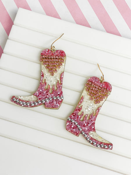 Glitter & Rhinestone Cowboy Boot Dangle Earrings