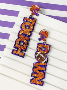 Glitter 'Touch Down' Football Earrings - Orange & Purple