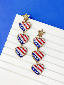 American Flag Heart Trio Dangle Earrings