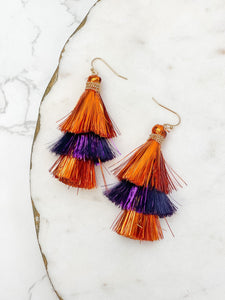 Tinsel Tiered Tassel Earrings - Orange & Purple