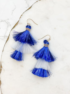 Tinsel Tiered Tassel Earrings - Blue & White