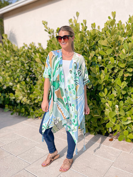 Tropical Floral Print Kimono - Mint
