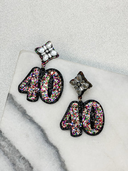 40th Birthday Glitter & Rhinestone Dangle Earrings