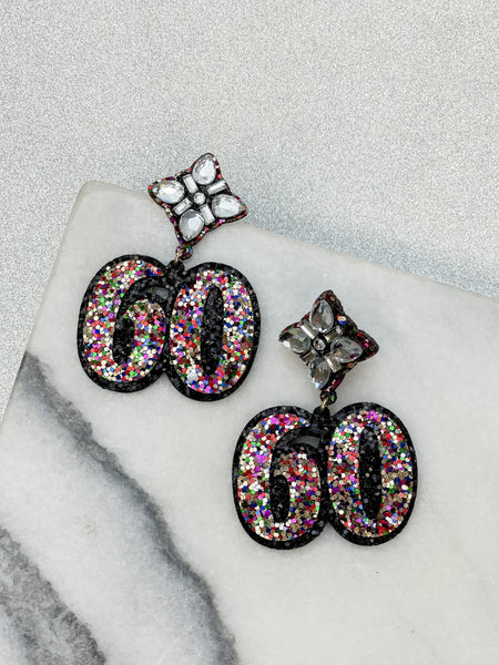 60th Birthday Glitter & Rhinestone Dangle Earrings