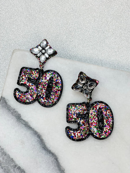 50th Birthday Glitter & Rhinestone Dangle Earrings