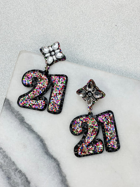 21st Birthday Glitter & Rhinestone Dangle Earrings