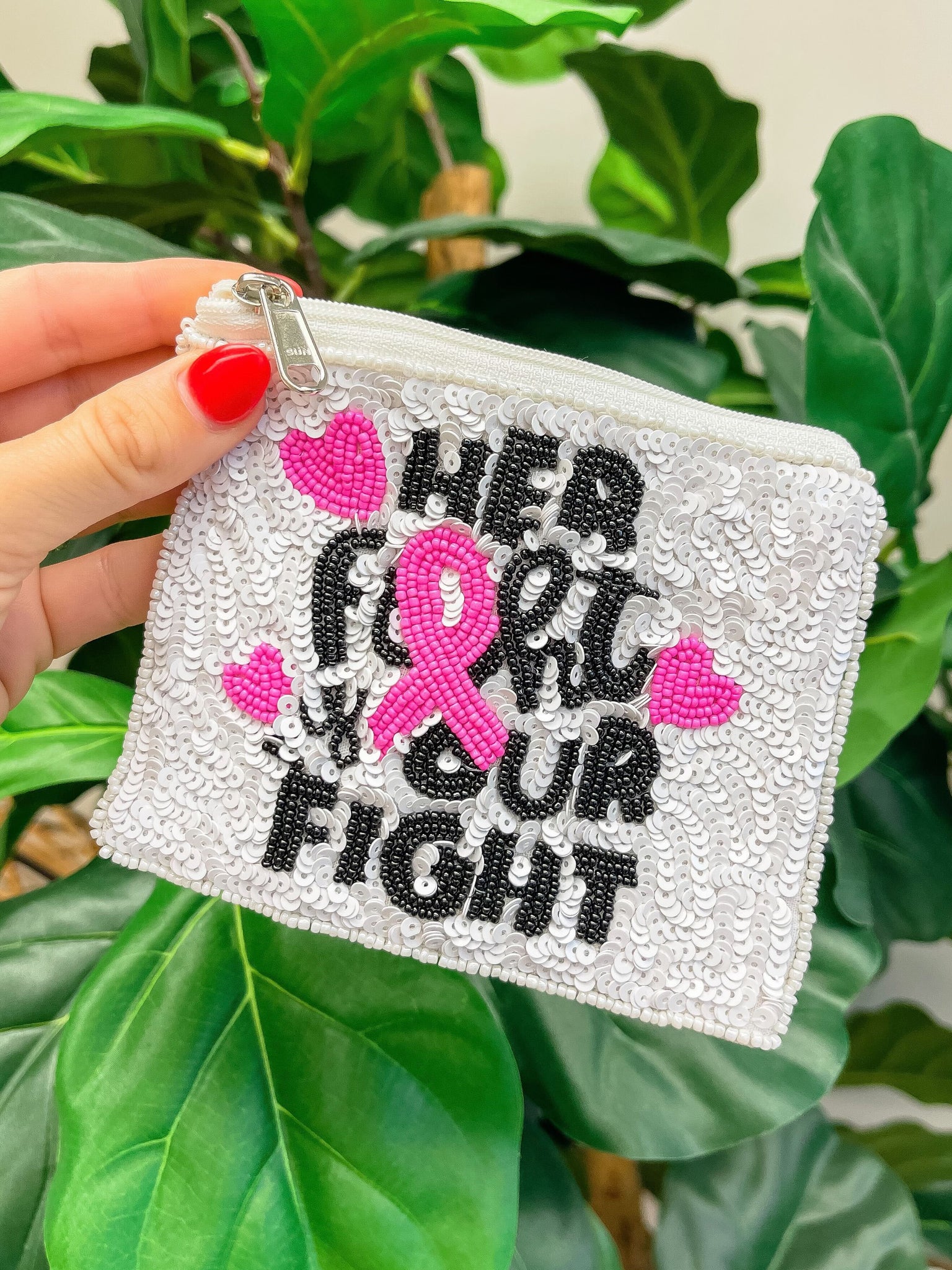 'Her Fight, Our Fight' Pink Ribbon Beaded Zip Pouch
