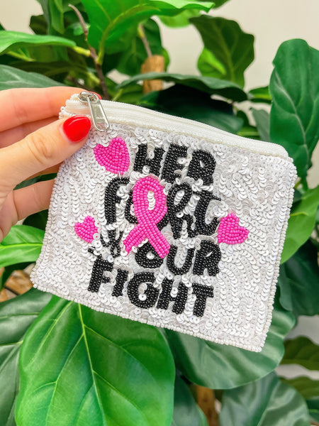 'Her Fight, Our Fight' Pink Ribbon Beaded Zip Pouch