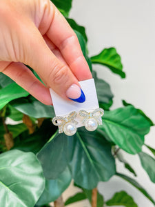 Glitzy Bow Pearl Drop Stud Earrings
