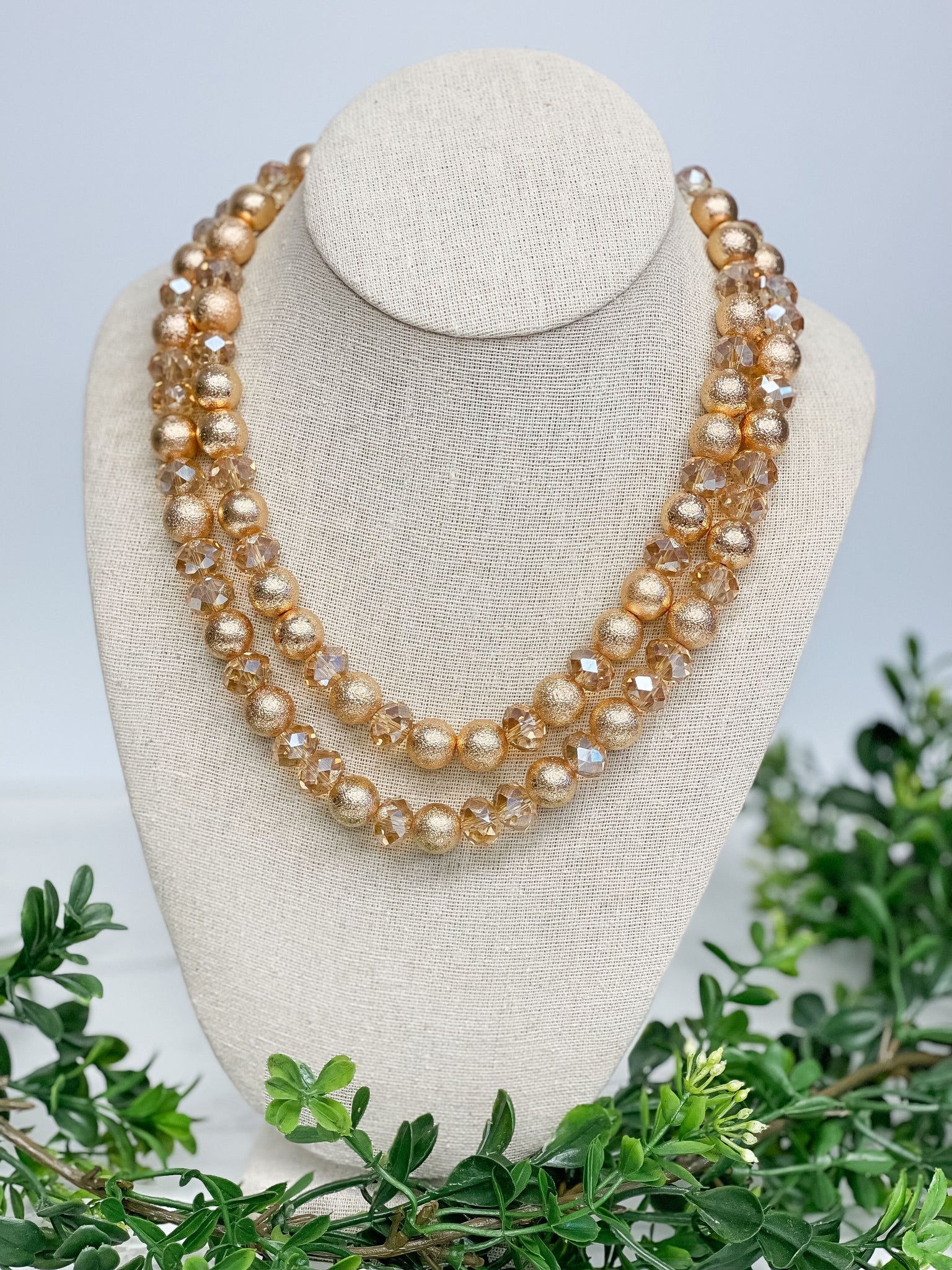 Gold Pearl & Crystal Dual Strand Necklace
