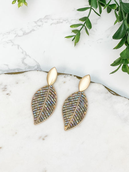 Iridescent Bead Gold Leaf Drop Earrings