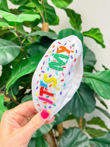 'It's My Birthday' Beaded Headband - White