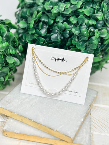 Layered Pearl & Rhinestone Necklace - Gold