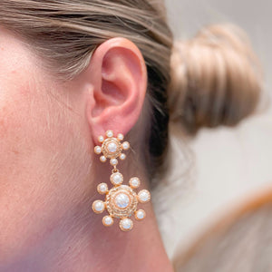 Linked Double Flower Shaped Pearl Earrings