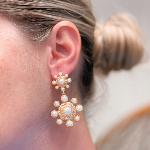 Linked Double Flower Shaped Pearl Earrings