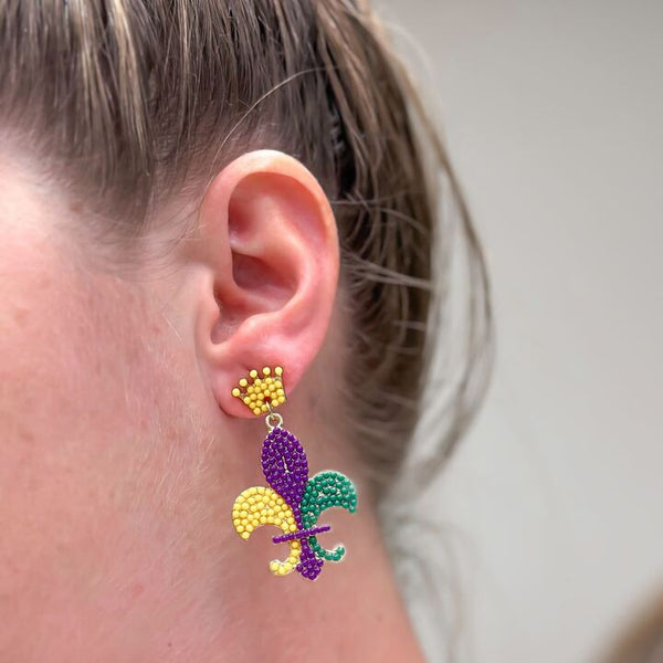 Mardi Gras Fleur De Lis Beaded Dangle Earrings