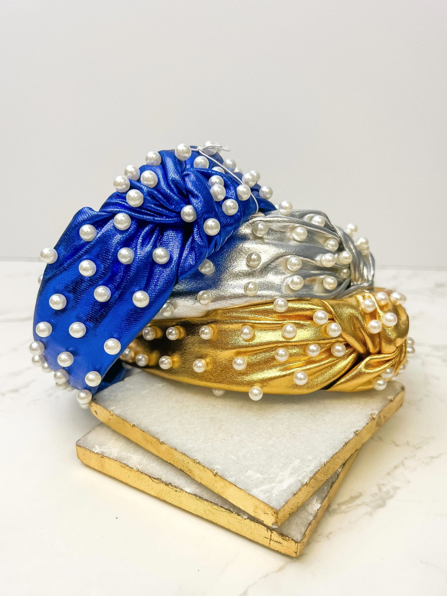 Metallic Pearl Embellished Top Knot Headbands