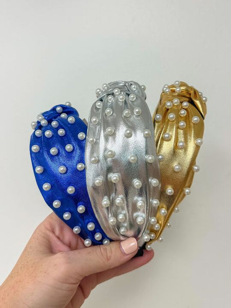 Metallic Pearl Embellished Top Knot Headbands