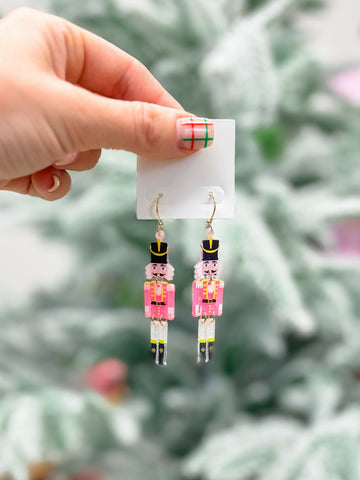 Articulated Nutcracker Statement Dangle Earrings - Pink