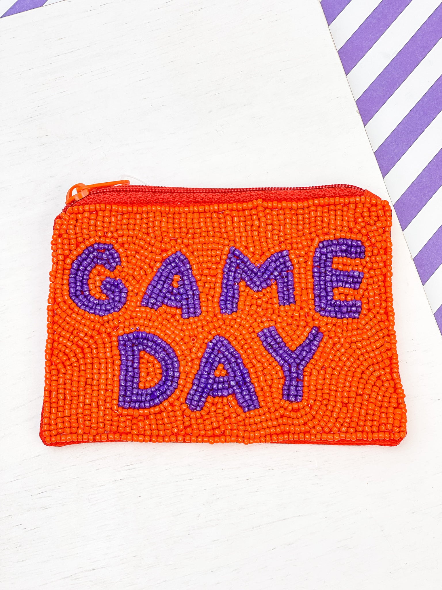 'Game Day' Beaded Zip Pouches - Orange & Purple