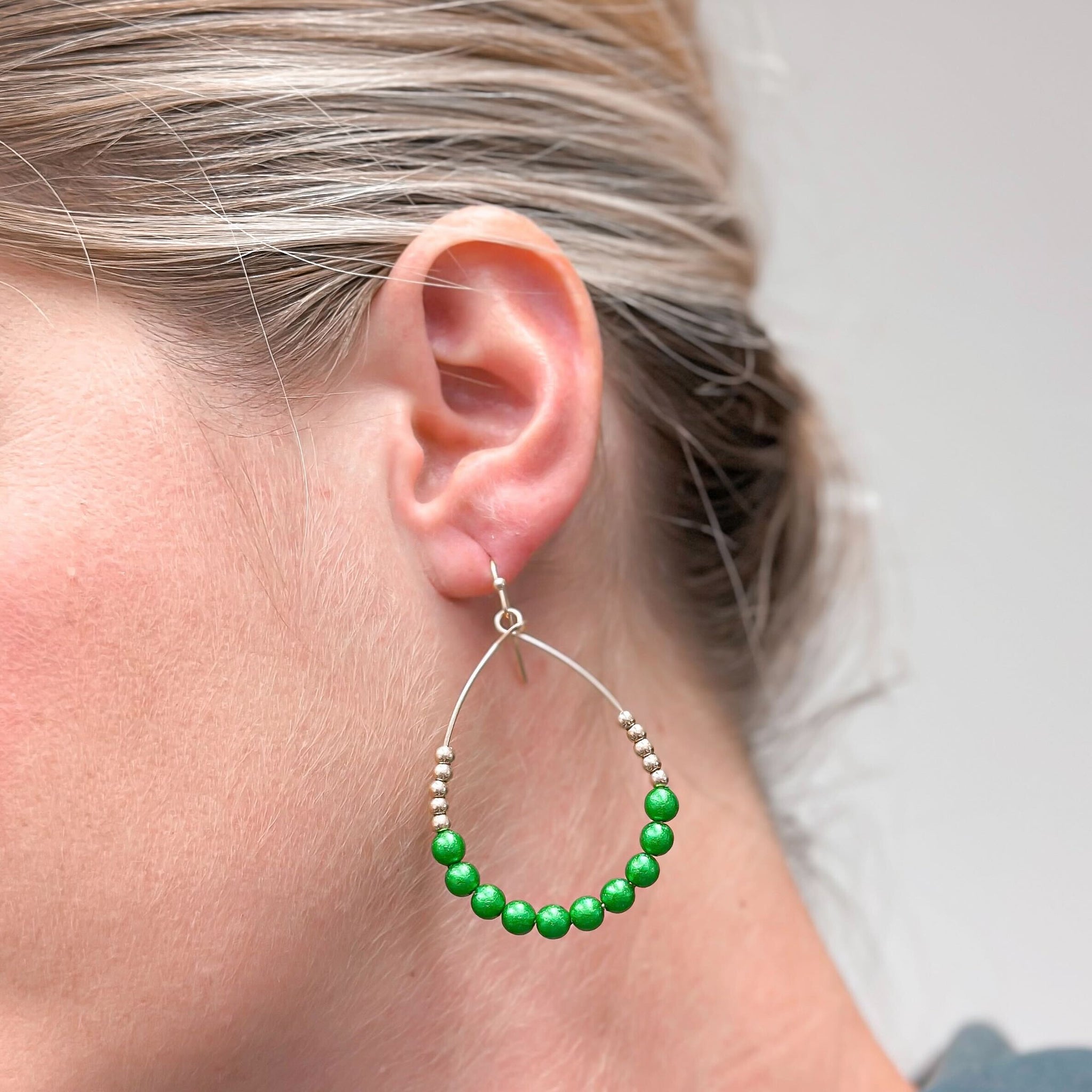 Oval Holiday Beaded Dangle Earrings - Green