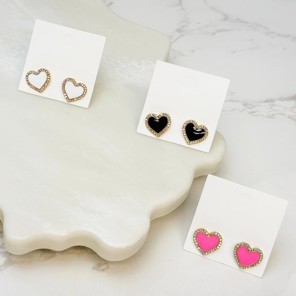Pave Glitzy Heart Enamel Stud Earrings