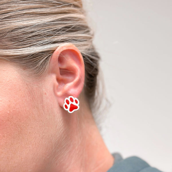 Paw Print Enamel Stud Earrings - Maroon & White