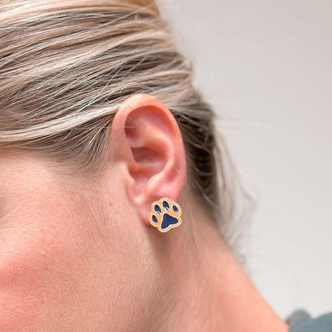 Paw Print Enamel Stud Earrings - Navy Blue & Orange