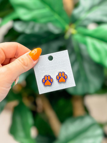 Paw Print Enamel Stud Earrings - Orange & Purple