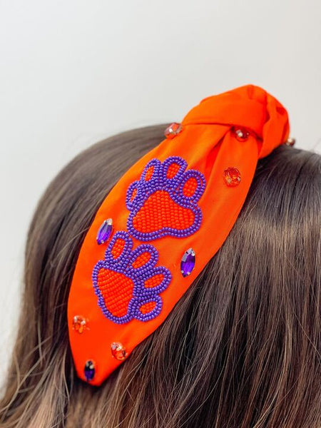 Paw Print Game Day Embellished Headband - Purple & Orange