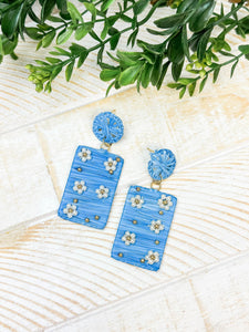 Pearl Beaded Flower Raffia Statement Earrings - Blue
