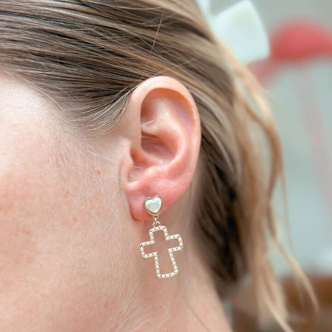 Pearl Lined Cross Dangle Earrings