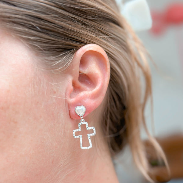 Pearl Lined Cross Dangle Earrings