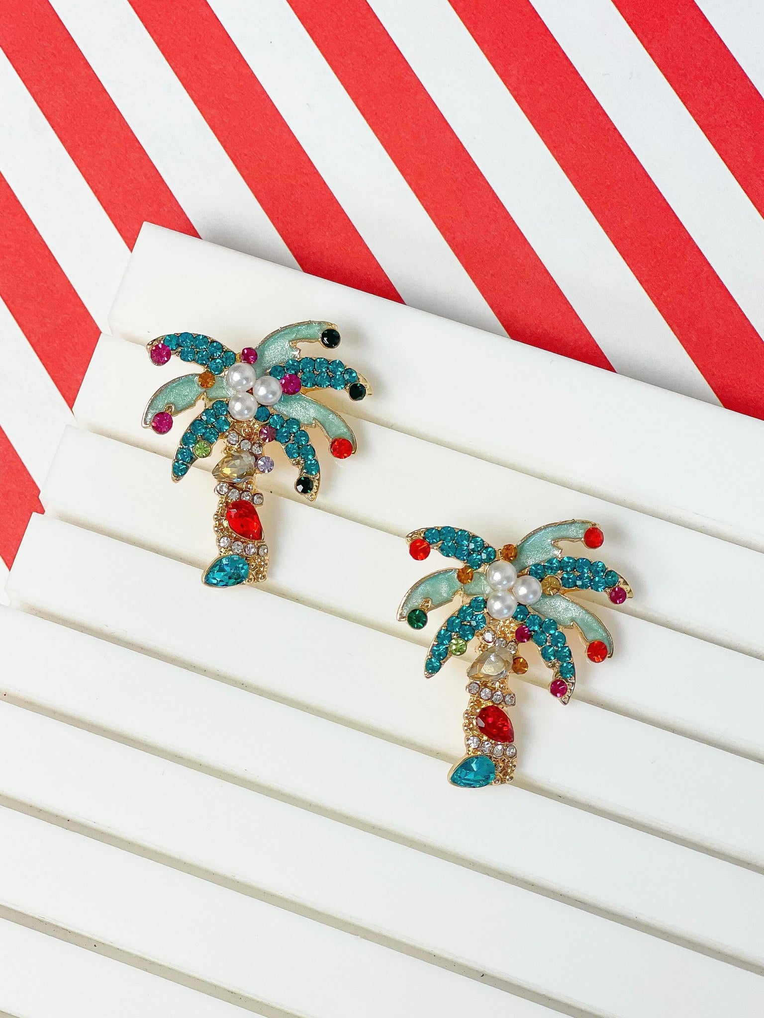 Holiday Jewel & Pearl Palm Tree Stud Earrings