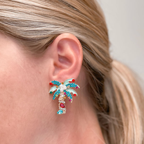 Holiday Jewel & Pearl Palm Tree Stud Earrings