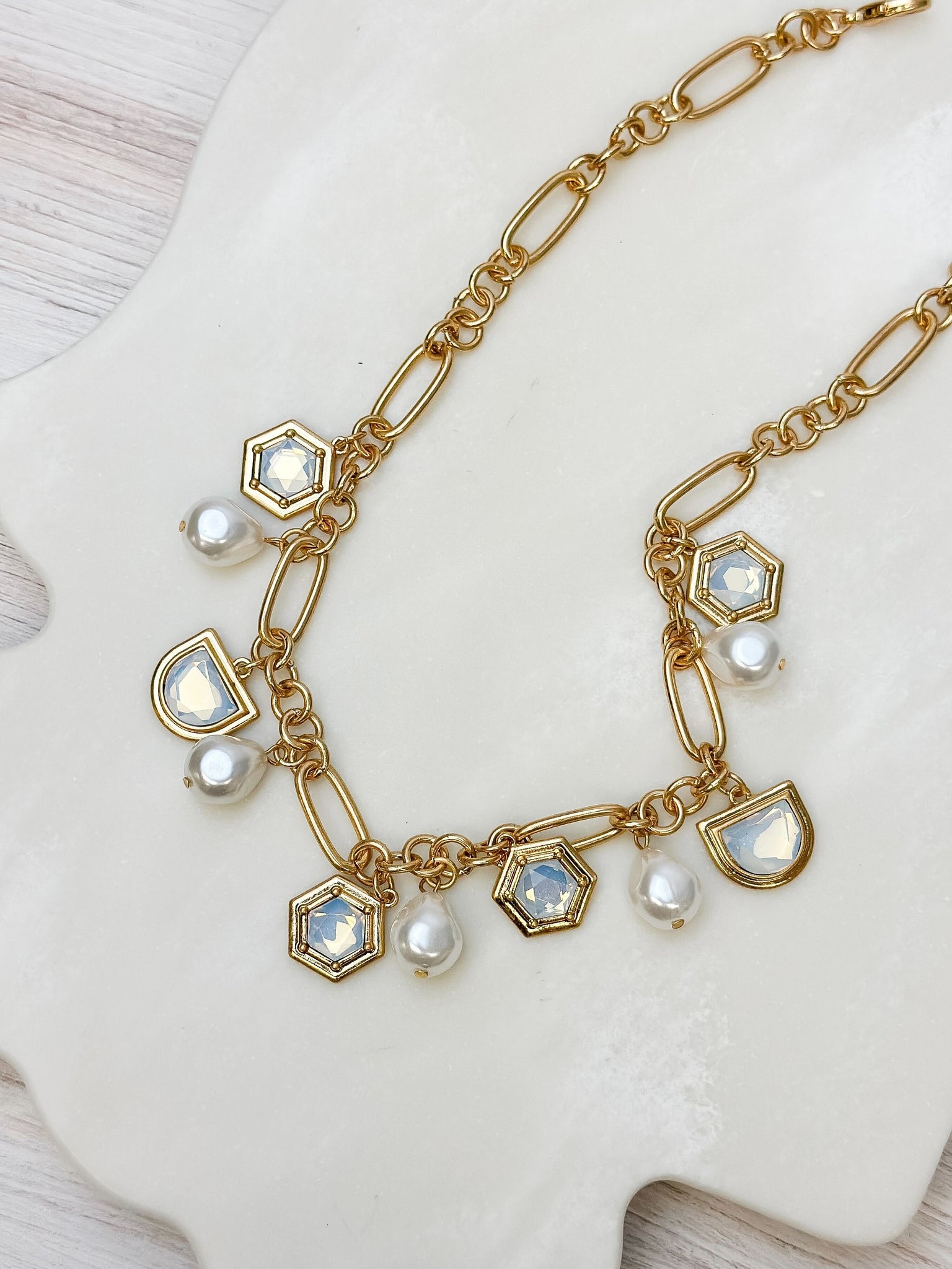 Pearl & Iridescent Stone Charm Necklace